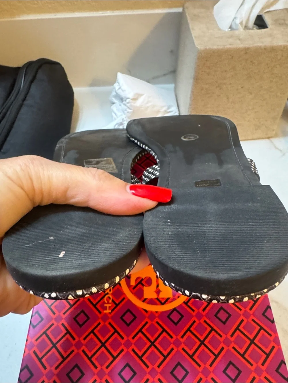 Tory Burch Black & Gold Logo Thong Sandals with Patterned Trim